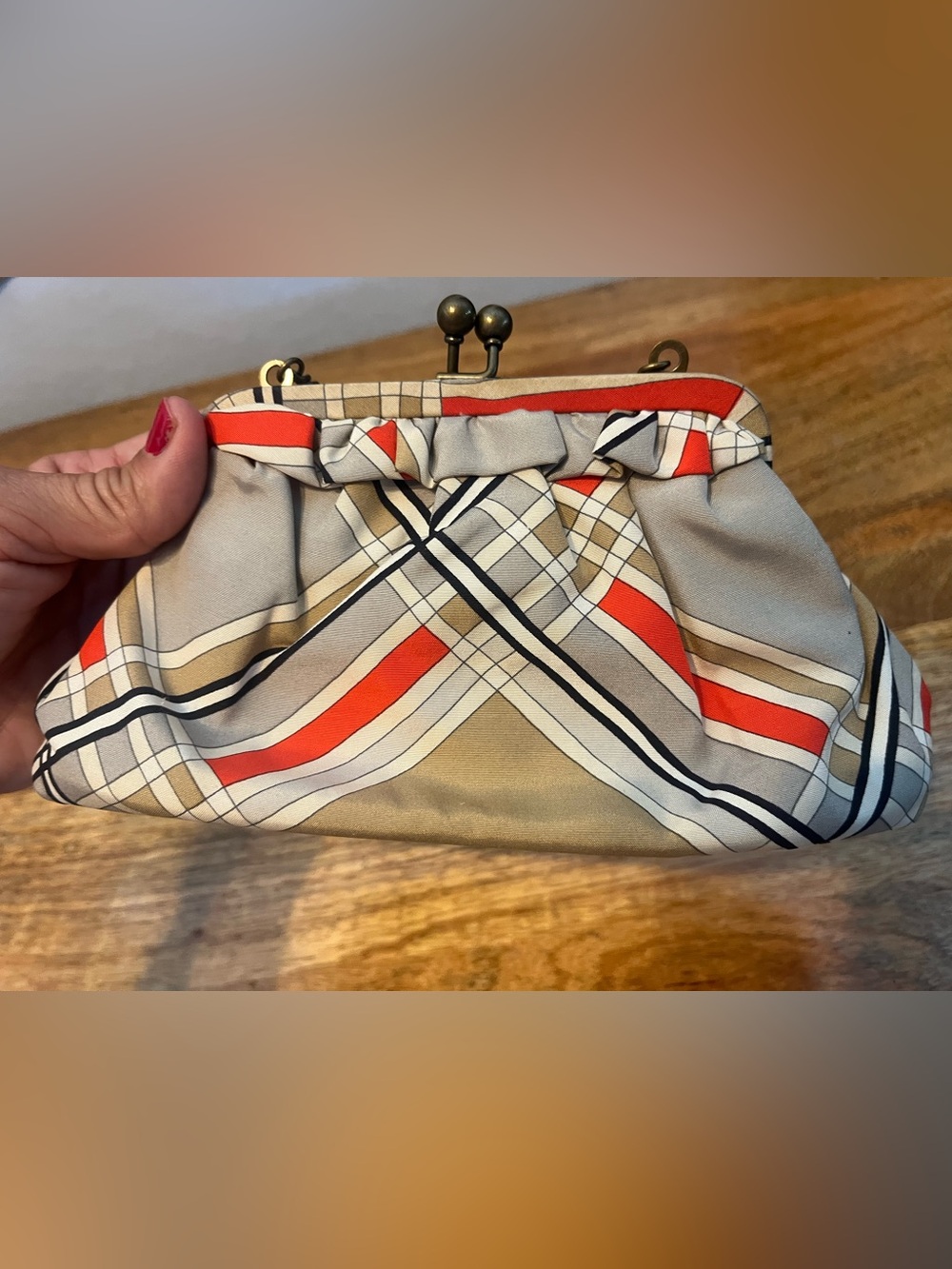 GAP Plaid Beige and Red ( Scarlet) Kiss-Lock Clutch f